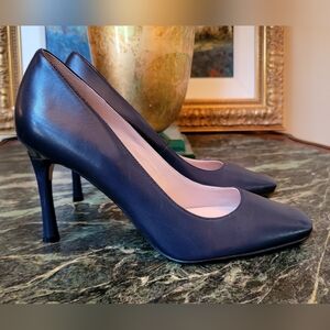 27 EDIT NAVY BLUE LEATHER HIGH HEEL BLACK SQUARE TOE STILLETO BUSINESS PUMPS 9